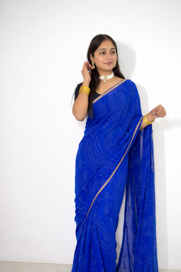 Royal Blue Bandhani Print Saree with Golden Lace Border