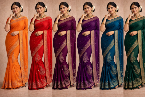 CHIFFON DESIGNER SAREE WITH SILVER MOTI PRINT