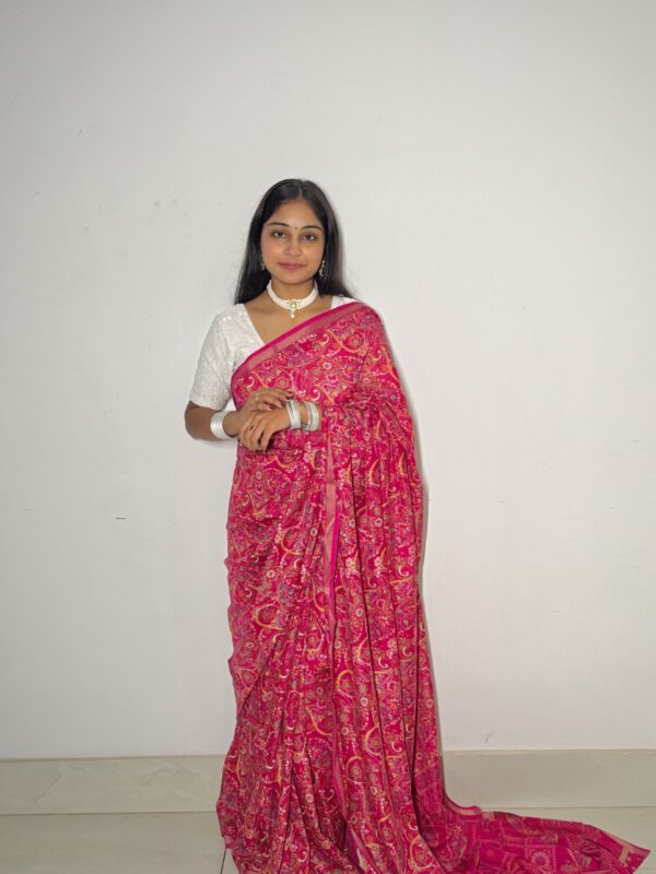 Rani Pink Soft Silk Blend Printed Saree with Zari Border
